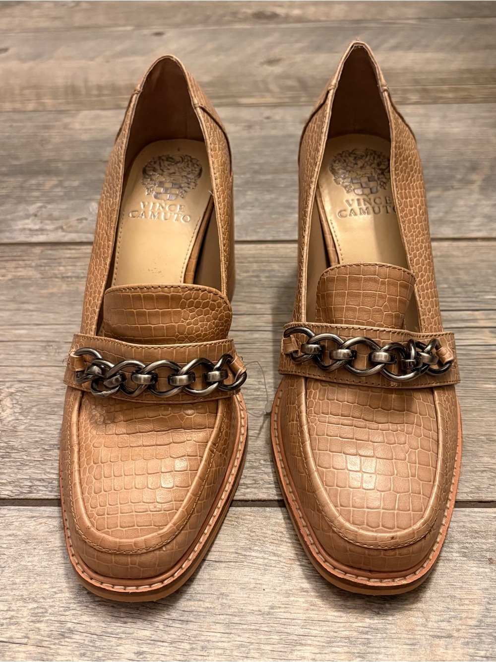 Vince Camuto Cedeen Cognac Croc-Embossed Loafer Pumps